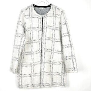 89th & Madison Long Cardigan Womens 1X White Black Windowpane Plaid Eyelash Knit